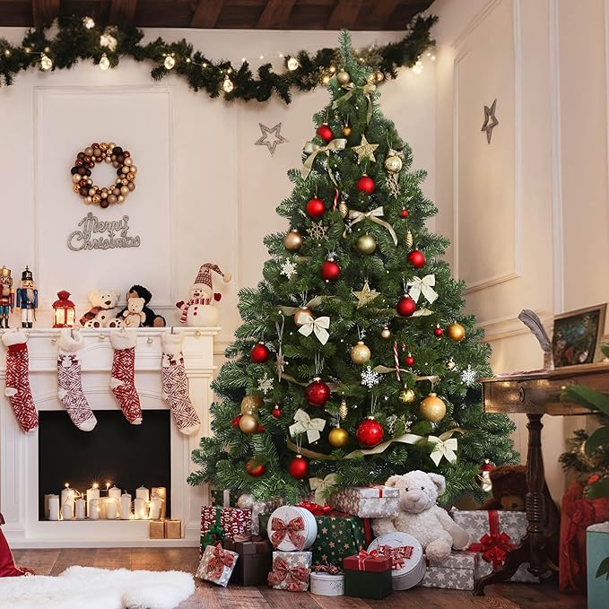 6ft Artificial Christmas Tree,Premium Unlit Hinged Xmas Pine Tree, Easy Assembly with Foldable Metal Stand for Holiday Decoration,Flame Retardant PVC Branches for Home, Party