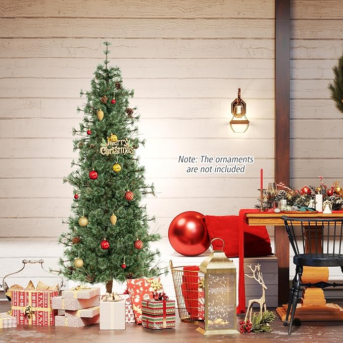 GOFLAME 7FT Pre-lit Christmas Tree, Artificial Xmas Tree with 300 Warm White LED Lights, 502 Branch Tips, Withered Branches, Pine Needles & 28 Pine Cones, Holiday Decoration Tree for Home Party