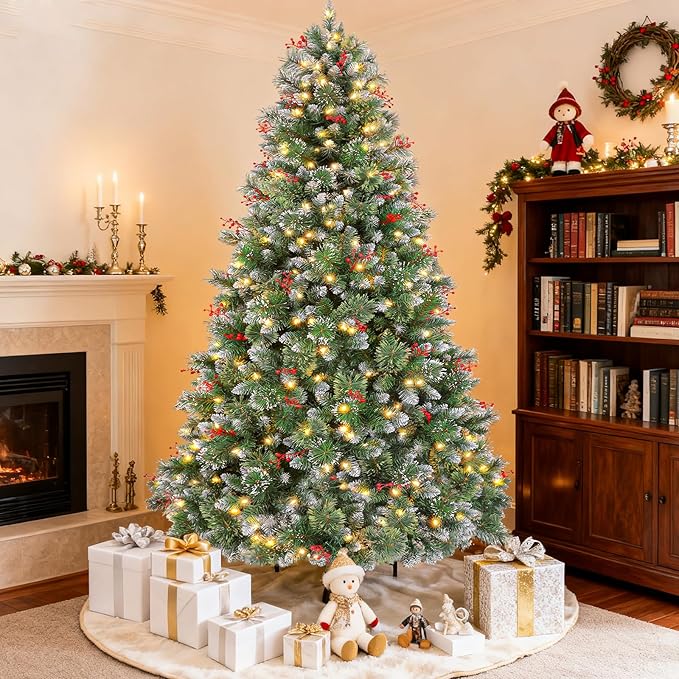 Hykolity 6 ft Prelit Snow Flocked Christmas Tree, Partially Frosted Xmas Pine Tree with Red Berries, 250 Warm White Lights, 956 PVC Branch Tips, Metal Stand and Hinged Branches