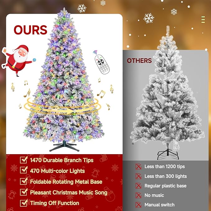 7.5ft Pre-Lit Snow Flocked Rotating Christmas Tree with 470 Multi-Color LED Lights, 1470 PE & PVC Tips - Realistic Artificial Tree for Holiday Decor