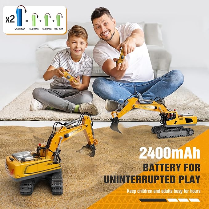 Remote Control Excavator Construction Toys for Boys, 2×1200mAh RC Construction Truck with Metal Shovel & Light, 11CH Excavator Toys for Boys 3-5 4-7 8-12 Year Old Kids Christmas Birthday Gift,120+Mins