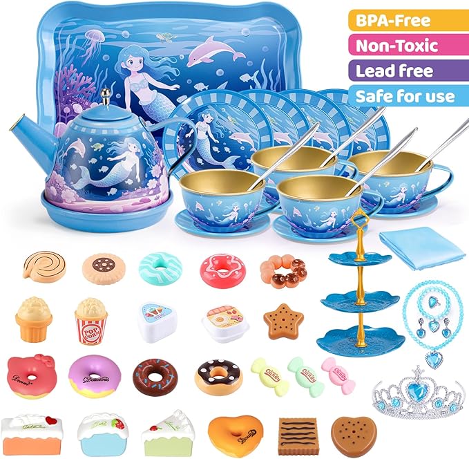 Tea Party Set for Little Girls, 49PCS Princess Tea Time Toys Including Teaset Dessert Carrying Case, Kids Pretend Play Kitchen Toys, Toddler Girl Birthday Gifts for 3-8 Year Old, Sea