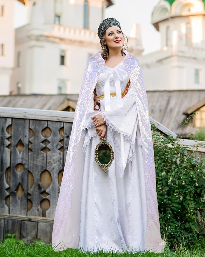 Suhine Halloween Sequins Women Princess Hooded Cape Costume Shiny Fairy Mermaid Cloaks for Cosplay Party God Christmas