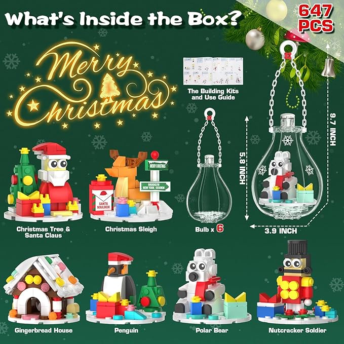 2025 Light-Up Christmas Ornament Building Kit — 647 PCS Holiday Building Blocks Set for Kids and Adults, Featuring Gingerbread House, Santa, Reindeer, Polar Bear, Nutcracker Soldier & Penguin