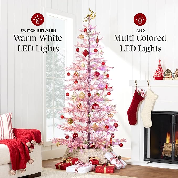 Best Choice Products Pre-Lit Sparse Christmas Tree 6ft Artificial Flocked Pine Holiday Décor Aspen Noble Fir White & Multicolor LED Lights- Pink