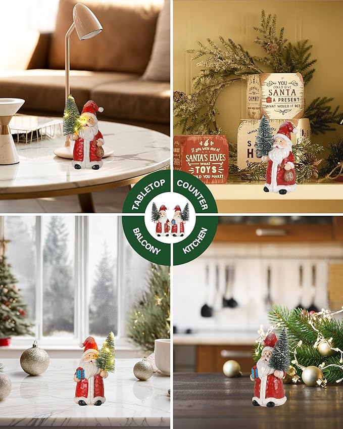 iStatue 2-Pack Lighted Santa Resin Figurines with Christmas Trees, 5" Mini Christmas Decorations, Battery Powered Warm White LED Hand-Painted Tabletop/Mantel Holiday Decor Gifts (Red Santa)