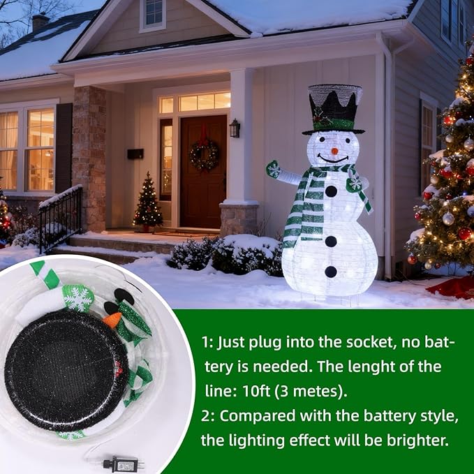 Snowman 3D Christmas Collapsible Decorations，Lighted Outdoor Xmas Large Snowman Garden Décor，Pre-Lit for Indoor/Outside Yard Holiday Decoration (Green)