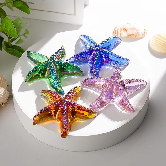 Movdyka 4pcs Starfish Crystal Figurine Desk Decor Handmade Blown Glass Sea Star Beach Themed Animals Ornaments Collectible Crafts Sea Glass Gifts
