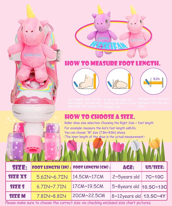 Unicorn Doll Kids Toddler Roller Skates for Girls,WESKIFAN Quad Skating Shoes with Shiny Light up Wheels&Adjustable Sizes Beginners rollerskates for Birthday Xmas Gifts,Patines para Niñas Niños