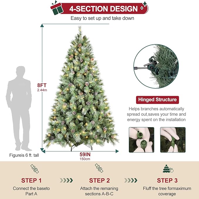 Pre-lit Christmas Tree 8ft, PLuxury Pine Needle -Premium Christmas Trees with Lights Flocked Prelit Trees-Artificial Xmas Tree