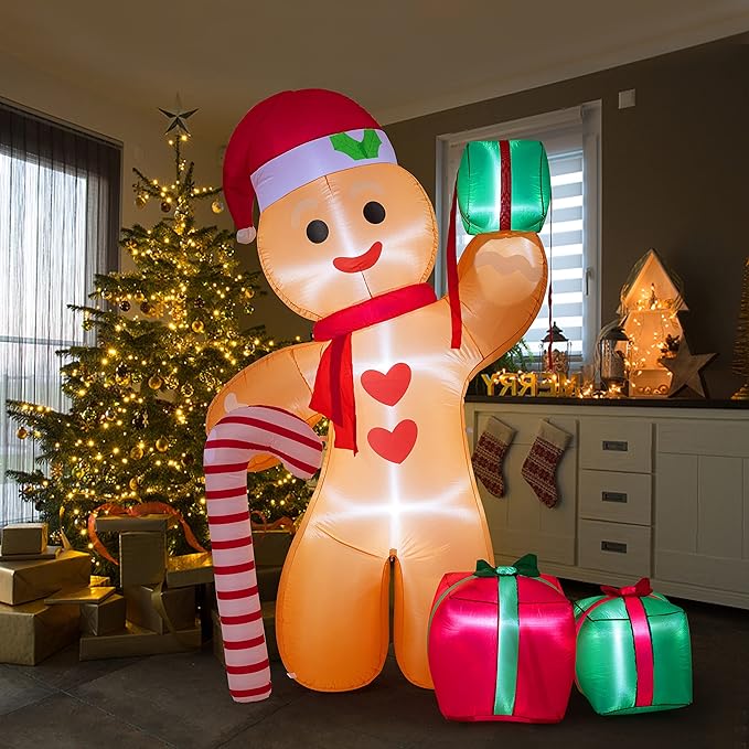 Peyton 8FT Inflatable Gingerbread Man with Candy Cane and Three Gift Boxes,LED Lighted Christmas Decoration Indoor and Outdoor.