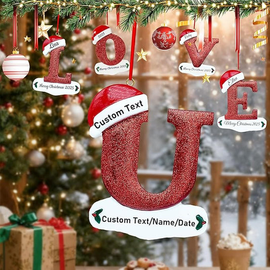 Personalized Letter Christmas Ornaments 2025, Custom Xmas Ornaments Decorations for Christmas Tree with Name 3D Resin Xmas Hanging Pendant Original Gifts for Family Friends (U)