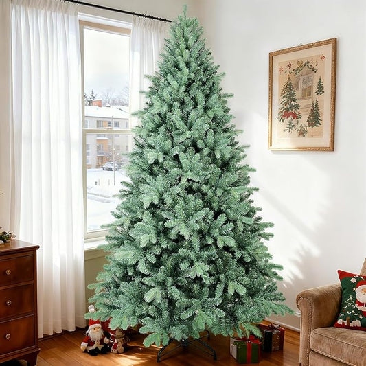7 Ft Blue Spruce Artificial Christmas Tree, Hinged Unlit Xmas Trees with 1390 PE&PVC Mixed Branch Tips, Home Holiday School Decor with Foldable Base Easy Setup