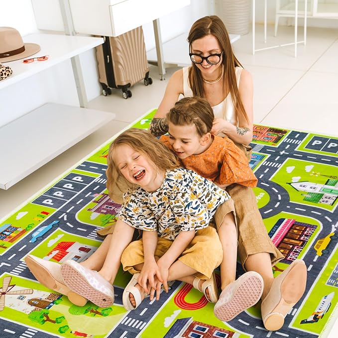 Kids Carpet Car Rug Play Mat, Road Rug, ABC Rugs Play Learn and Safely Extra Large Thickand Non-Slip, Car Carpet for Kids Playroom, Kids Bedroom (2.6x4ft)