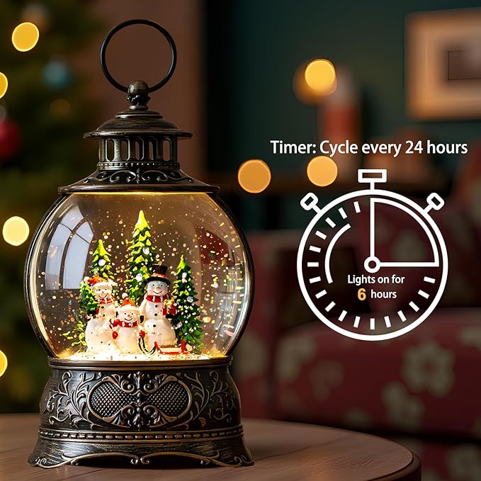 Christmas Snow Globes Christmas Water Lantern with Snowman Family with sled Christmas Tree Music & 6H Timer, USB Lined/Battery Operated Lighted Lanterns for Xmas Festival Decoration Gifts