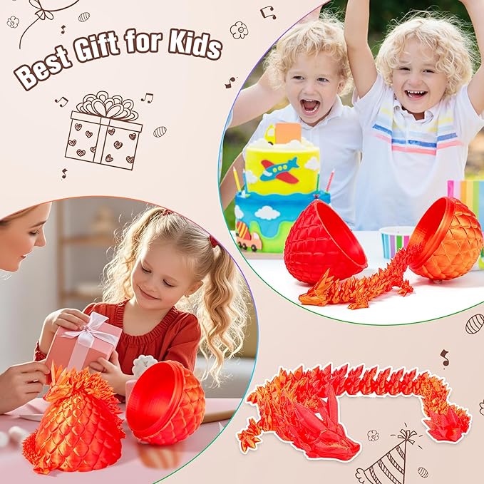 12''3D Printed Dragon and 4.73''Egg - 3D Printed Toys, Articulated Crystal Dragon Egg with Dragons Inside Fidget Toy, Decor Dragons Collectible Figurines (Red Gold,12inch)