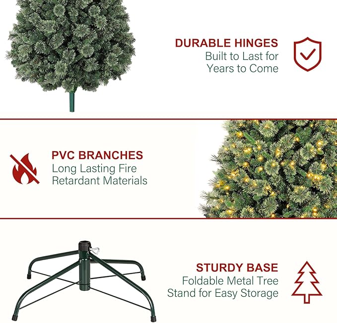 Hykolity 6 ft Pre-lit Christmas Tree with 350 Warm White LED Lights, Artificial Christmas Pine Tree with 1016 PVC Branch Tips, Easy Assembly with Metal Stand and Hinged Branches