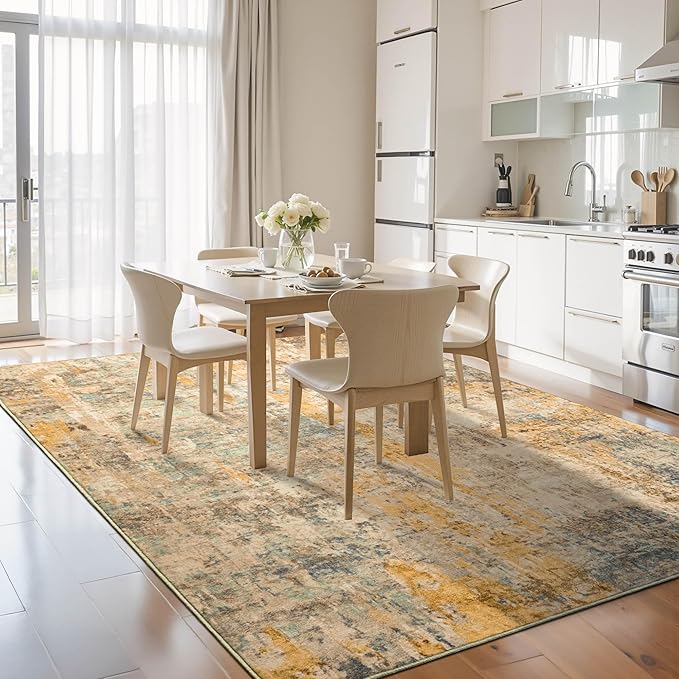 Ompaa Living Room Rug 5x7 Beige Area Rug Machine Washable Boho Rug Non Slip Abstract Vintage Indoor Large Rugs for Bedroom, Classroom, College Dorm, Farmhouse, Dining Room, Kids Playroom