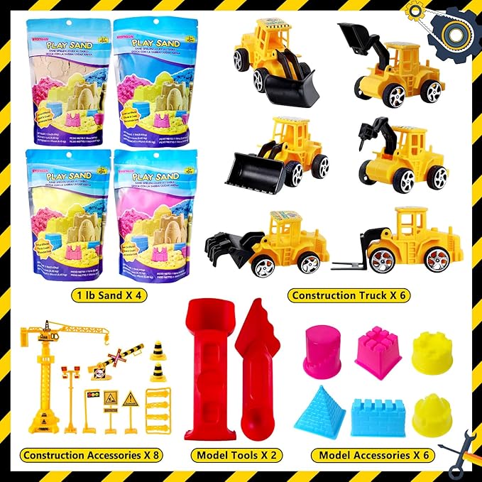 ESSENSON Sensory Bin - Play Sand Kit with Construction Set Toy Truck and 4lbs Magical Sand, Pretend Play Beach Sensory Toy Sandbox, Kids Gifts for Girls and Boys