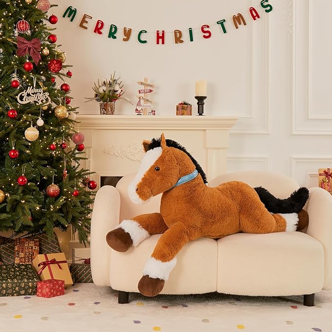 MaoGoLan Large Horse Plush Stuffed Animal, Big Pony Plush Toy, Jumbo Stuffed Horse, Ridable Pony Plush Pillow for Kids Girls Tan