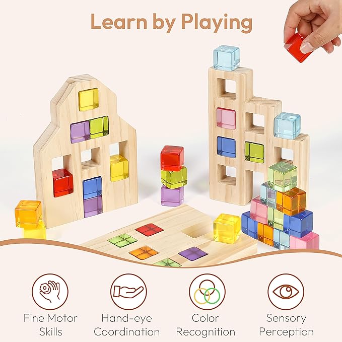 Wooden Building Blocks Set for Kids, 36 PCS Rainbow Acrylic Gem Cubes Blocks - 3 Wood House, Montessori Stacking Toy for Toddlers, Educational STEM Easter Toys for Boys Girls 3-6