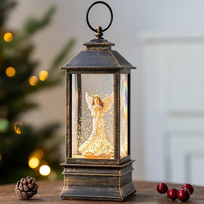 10'' Musical Snow Globe Lantern Lighted Angel with Dove Water Lantern Swirling Glittering Home Decoration and Gift, Battery Operated or USB Powered