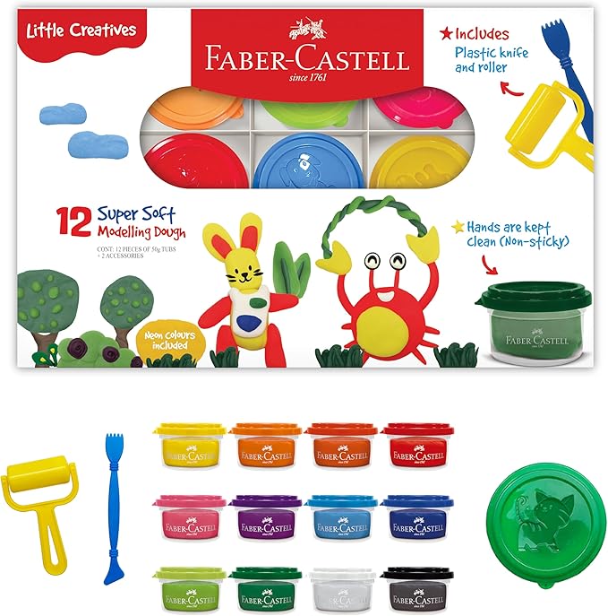Faber-Castell Little Creatives Super Soft Modeling Dough - 12 Colors: Classic & Neon + Sculpting Tools, Learn & Play Non Toxic Playdough Kit for Toddlers, Preschool Ages 3+