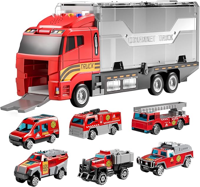 TEMI Toddler Toys for 3 4 5 6 Years Old Boys, Die-cast, Alloy Metal Emergency Fire Rescue Vehicle Transport Car / Truck Toys Set w/Play Mat for Age 3-9 Toddlers Kids Boys & Girls