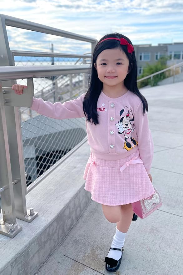 Disney Frozen Elsa Stitch Princess Moana Minnie Toddler Girl 2 Piece Outfit Kid Pearl Button Knit Top & Tweed Skirt Set 2-13Y