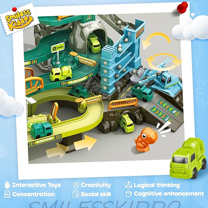 Race Tracks for Kids Ages 3-5, SMILESSKIDDO 73 PCS Dinosaur Car Tracks Toys Gifts for Boys Kids with Music and Engineering Scene Simulation, Construction Car Toddler Boy Toys Gift for Ages 3+