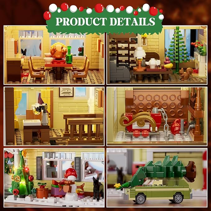 Christmas Holiday House Building Set, DIY Christmas Holiday Snow Village with Clark's Car, Christmas House Compatible with Lego Gifts for Boys, Girls, Family, and Friends (1484pcs)