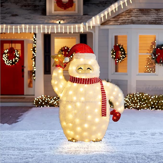 Glitzhome 3.5FT Lighted Christmas Snow Monster Decor, Large White Outdoor 3D Christmas Holiday Fabric Yeti Decoration w/ 130 LED Lights, for Xmas Lighted Holiday Display Indoor Outdoor