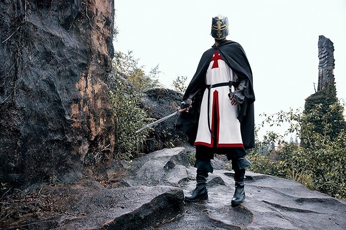 Ryannology Mens Crusader Costume Medieval Templar Renaissance Knight Warrior Tunic Retro Halloween Cosplay Top with Cross