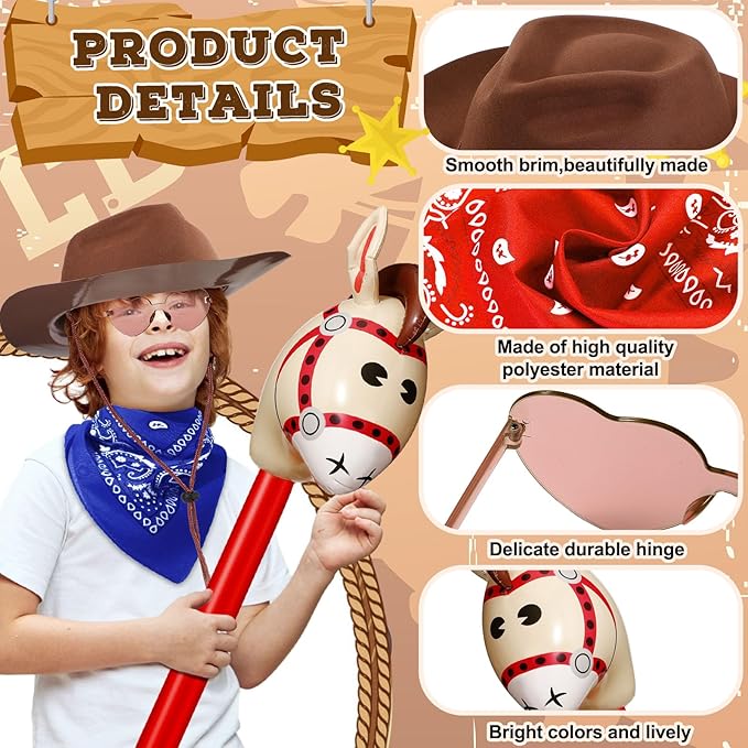 Xtinmee 48 Pcs Kids Cowboy Party Favor with Cowboy Hats Inflatable Stick Horses Bandanas Heart Glasses for Kid Costume(Brown)