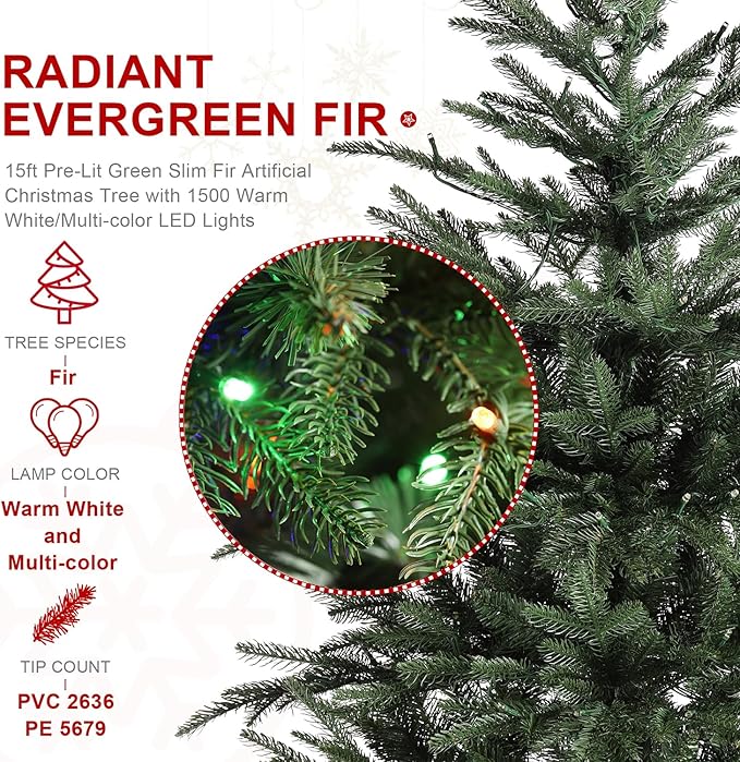 Glitzhome 15ft Prelit Christmas Tree, Hinged Slim Artificial Christmas Tree, Radiant Evergreen Fir with 1500 Warm White/Multi-Color LED Lights,9 Function,w/Remote Control,Easy Assembly