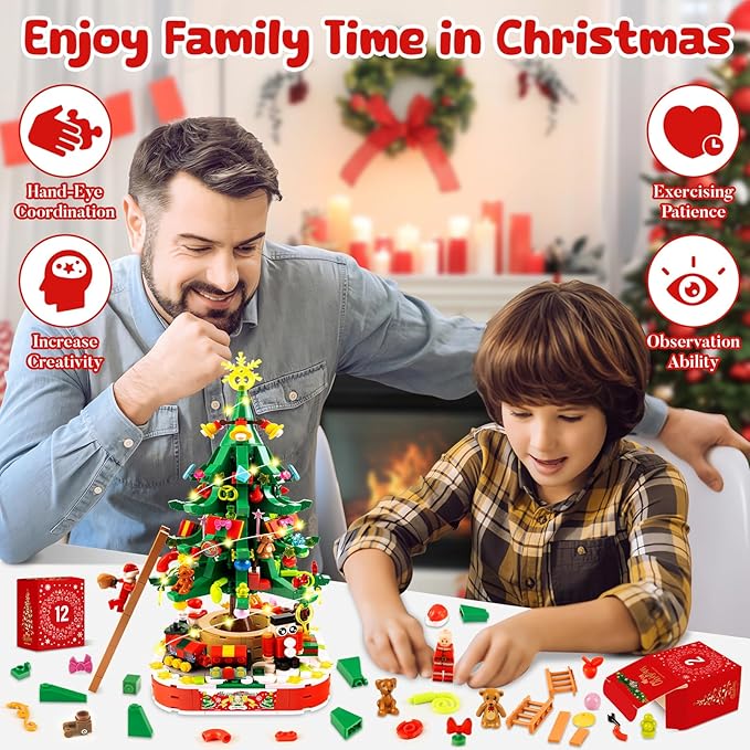 Advent Calendar 2025 Christmas Tree Building Blocks Set with Warm Light, Christmas Countdown Calendar, 24 Days Building Toys for Kids Creative Christmas Gifts for Kids Teens Adults
