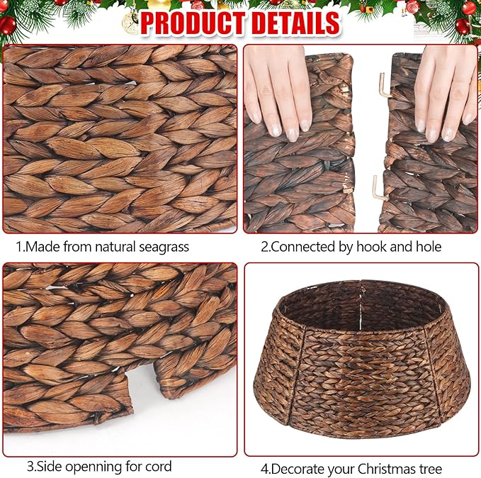 Christmas Tree Collar 27'' D Handmade Hyacinth Tree Collar Basket Rattan Wicker Christmas Woven Tree Ring Stand Base Cover for Christmas Holiday Decoration-Brown Washed