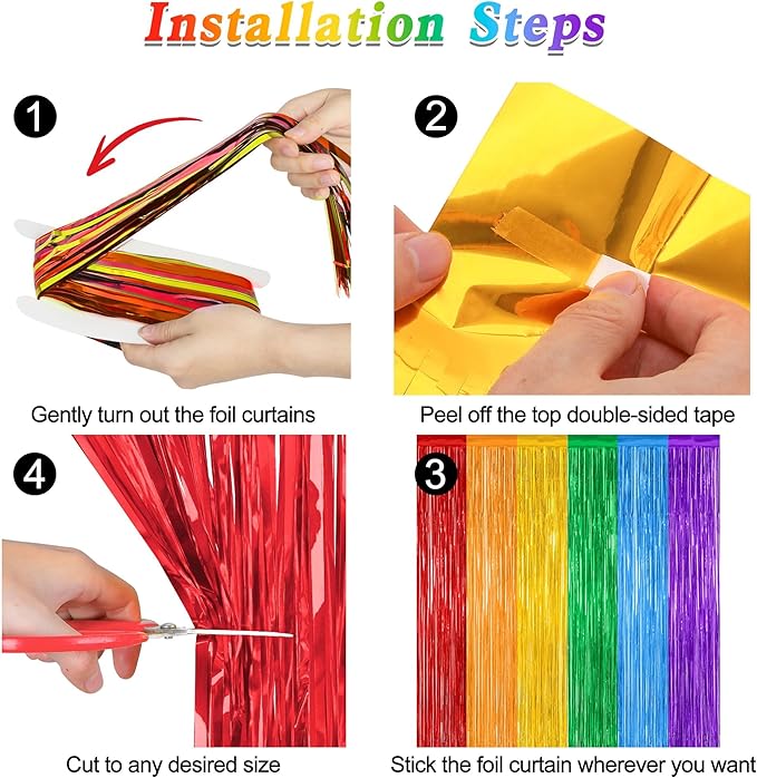 4 Pack Pride Decorations, 3.28 FT x 7.05 FT Rainbow Backdrop, Metallic LGBT Party Decor Foil Tinsel Party Streamer Backdrop Curtains, Rainbow Curtains Birthday Photo Booth Props