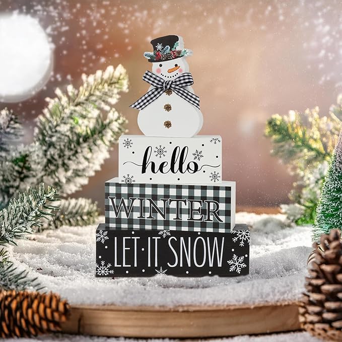 4 Pcs Christmas Table Decor Snowman Wooden Table Decorations Winter Tiered Tray Decor Christmas Centerpiece Rustic Let It Snow Block Signs Gift for Winter Wonderland Party Home kitchen Shelf
