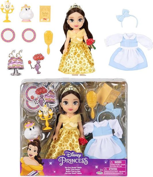 Disney Princess Belle Doll Be Our Guest Petite Belle Doll with Mrs. Potts & Lumiere, in Yellow Ball Gown and Blue Village Dress Fashions