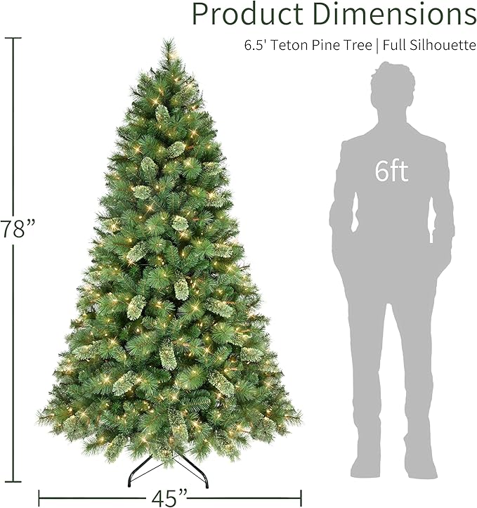 Puleo International 6.5ft Pre-Lit Teton Pine Christmas Tree with 400 Clear Lights, 1023 Realistic Dense Branch Tips, Easy Setup Artificial Trees with Sturdy Metal Stand