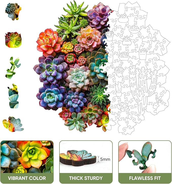 delobi Succulent Plants Wooden Puzzles, 200 Pieces Jigsaw Puzzles 11.2'' x11'', Unique Design Liberty Wooden Puzzles for Adults and Kids, Family Game Gift Medium Size