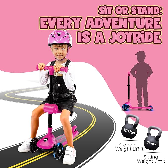 SereneLife 3 Wheel Foldable Kids Scooter - Foldable Seat, LED Wheel Lights, Adjustable Handlebar, Rear Foot Brake, Lean-to-Steer, Anti-Slip Deck, Ideal for Toddlers Kids 3+, up to 110Lbs