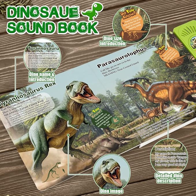 OENUX Dinosaur Toys with Interactive Sound Book for Kids 3-5, Dinosaur Book with Sound &12 Toy Dinosaurs Figures, Toddler Learning Toys for Boy, Present for Boys Girl Age 4-7