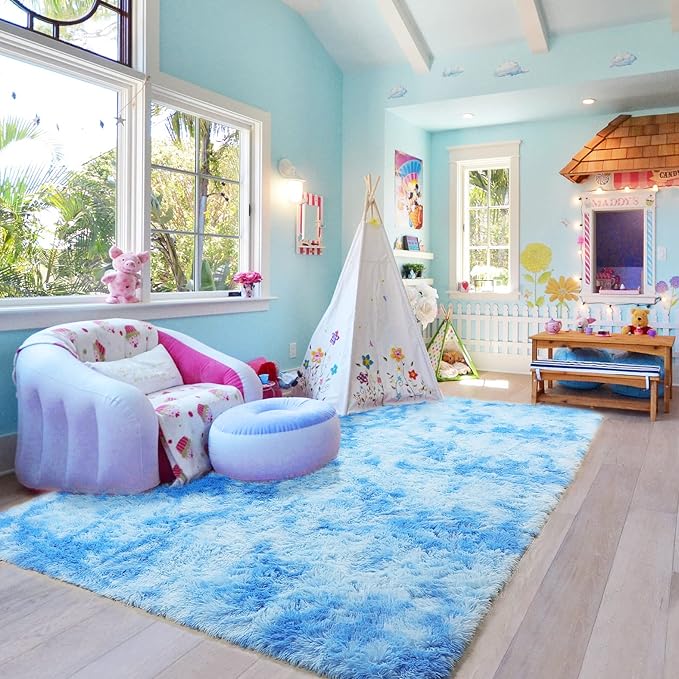PAGISOFE Fuzzy Area Rugs for Bedroom Living Room Fluffy Shag Fur Rug for Kids Nursery Dorm, Furry Rugs Shaggy Decorative Accent Rug for Home Floor Carpet, 5x8 Feet, Blue