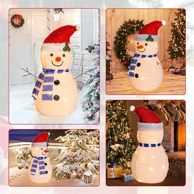 VCUTEKA Christmas Snowman Decorations, 2FT Collapsible Snowman with LED Lights Pop up Xmas Holiday Decor for Indoor Outdoor Home Yard Garden Lawn