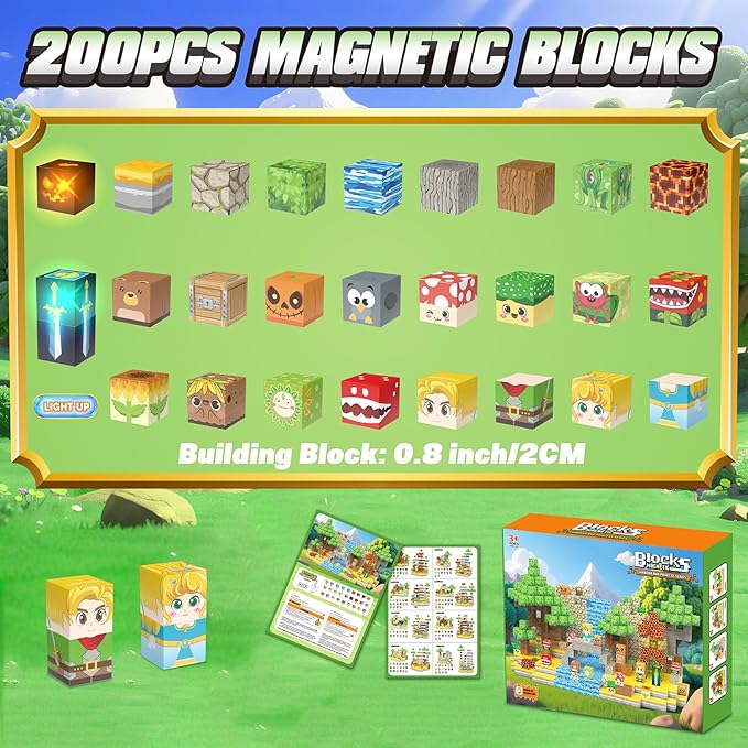 200PCS Magnetic Blocks - Light Up Magnetic Building Blocks Magnet Block Cubes Forest Set, STEM Sensory Stacking Toys for Kids Boys Girls Ages 3 4 5 6 7 8-12 Holiday Christmas Birthday Gifts