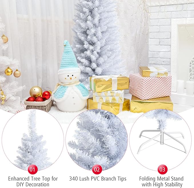 Happygrill 6FT White Pencil Christmas Tree Artificial Slim Christmas Tree Skinny Xmas Tree with Folding Metal Stand & PVC Material, Realistic Unlit Pine Tree with 340 Branch Tips for Indoor Outdoor