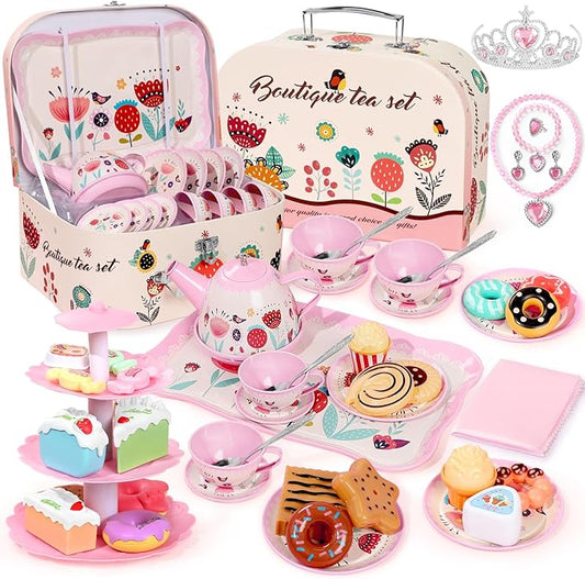 Tea Party Set for Little Girls, 49PCS Princess Tea Time Toys Including Tea Set Dessert Carrying Case, Kids Kitchen Pretend Playset, Montessori Toys for Toddlers 3 - 8 Year Old Girl Birthday Gifts