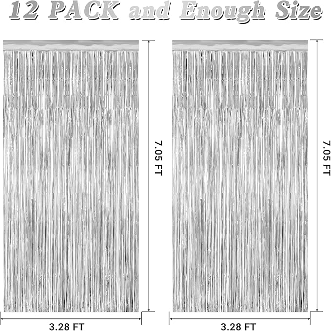 12 Pack Silver Backdrop. 3.28 FT x 7.05 FT Birthday Decorations, Metallic Silver Fringe Backdrop Foil Curtains Tinsel, Disco Party Decor Photo Booth Props Door Decorations Hanging